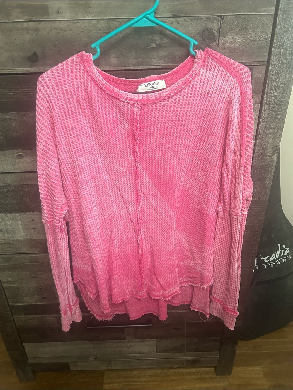 Zenana Outfitters Pink Waffle Knit Raw-Edge Pullover